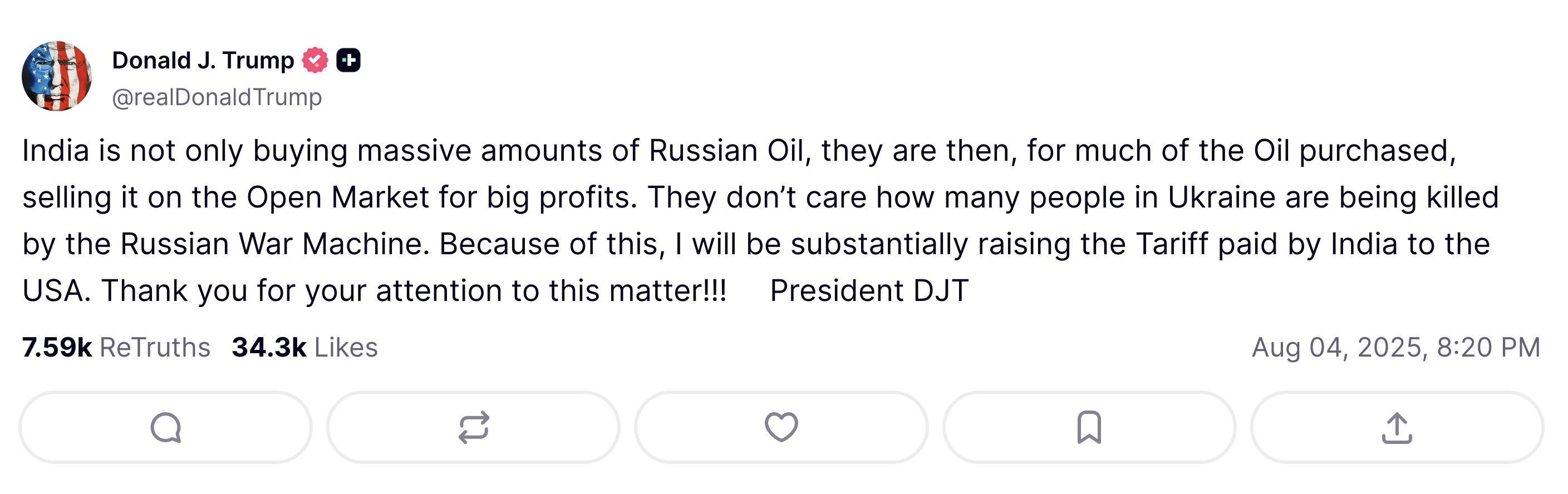 Donald Trump in a post on Truth Social
